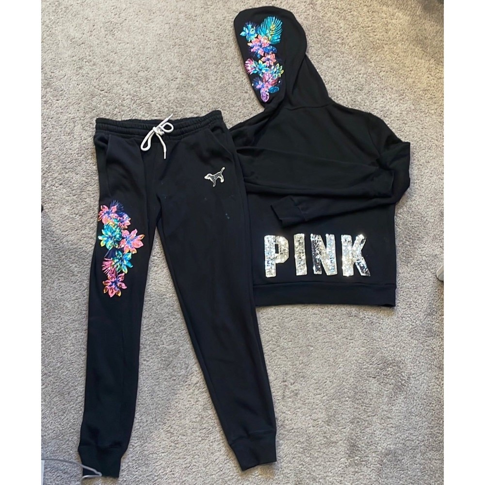 HTF RARE VS PINK Bling Hibiscus Zip Up Hoodie/Sweatshirt Set